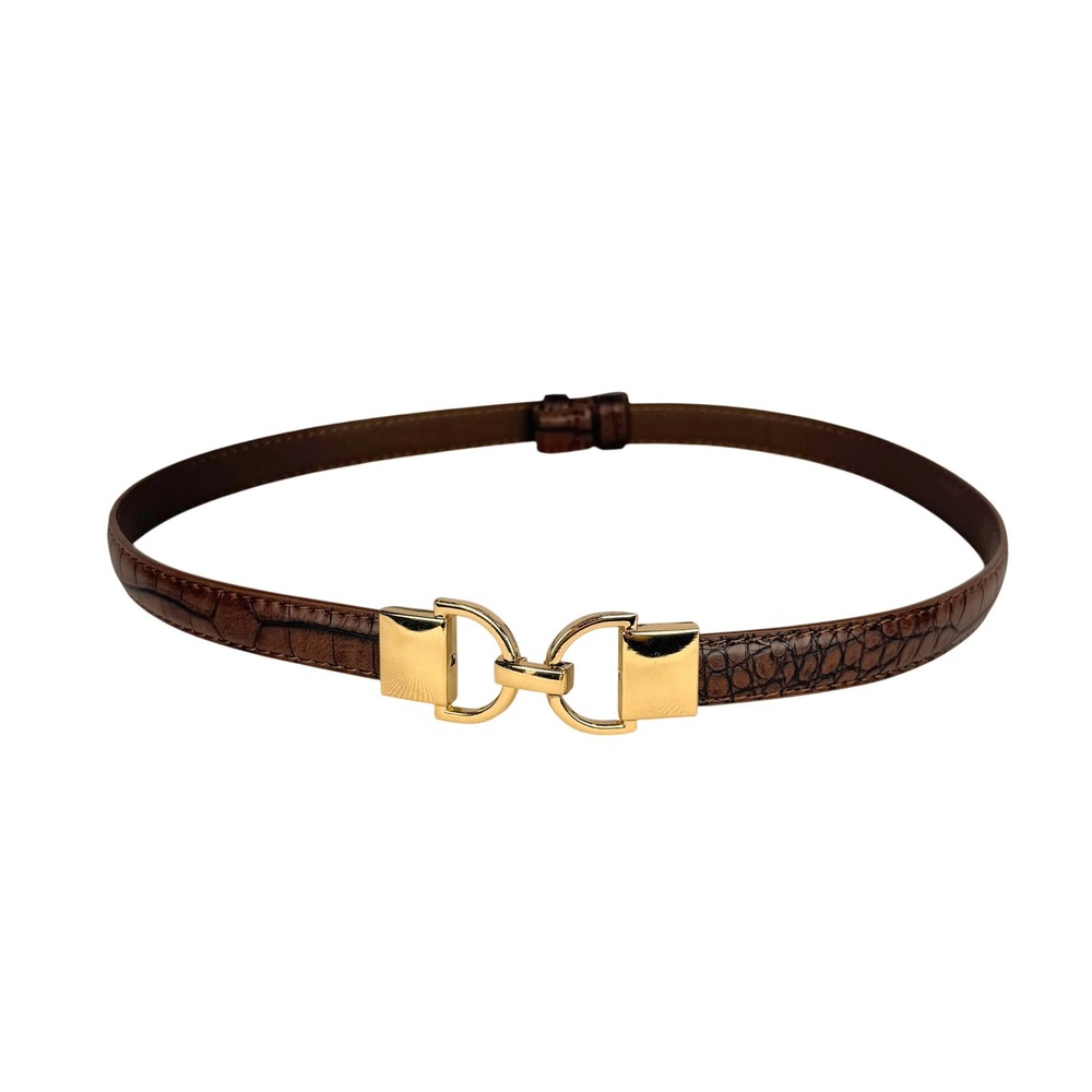 Luxe Brown Croc Embossed Leather Adjustable Skinny Belt Gold Horsebit Buckle